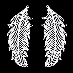 White Ion Plating(IP) 201 Stainless Steel Filigree Pendants, Etched Metal Embellishments, Feather, White, 47x19x0.3mm, Hole: 1.2mm