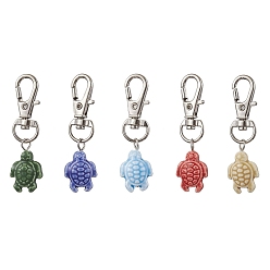 Mixed Color Ocean Themed Tortoise Handmade Porcelain Pendant Decorations, with Alloy Swivel Clasps, Mixed Color, 53mm