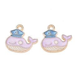 Purple Alloy with Enamel Pendants, Whale Shape with Sailor Hat Charms, Golden, Purple, 16x17x1mm, Hole: 1.6mm