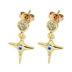 White Star Real 18K Gold Plated Brass Dangle Stud Earrings, with Enamel and Cubic Zirconia, White, 20x10.5mm