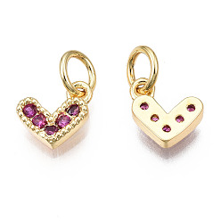 Medium Violet Red Brass Micro Pave Cubic Zirconia Charms, with Jump Ring, Heart, Real 16K Gold Plated, Nickel Free, Medium Violet Red, 8x8x2mm, Jump Ring: 5x1mm, 3mm inner diameter
