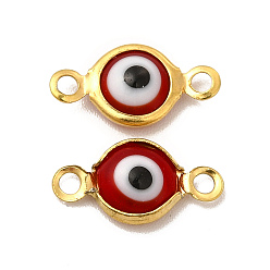 FireBrick Ion Plating(IP) 304 Stainless Steel Connector Charms, Flat Round Links with Evil Eye Pattern, with Glass Enamel, Real 18K Gold Plated, FireBrick, 13x6.5x2.5mm, Hole: 1.5mm