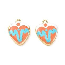 Coral Printed Brass Pendants, Heart with Heartbeat Pattern Charms, Rack Plating, Long-Lasting Plated, Lead Free & Cadmium Free, Real 18K Gold Plate, Coral, 20.5x17x5mm, Hole: 1.9mm