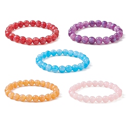 Mixed Color Resin Imiattion Cat Eye Round Beaded Stretch Bracelet for Women, Mixed Color, Inner Diameter: 2-1/4 inch(5.7cm)
