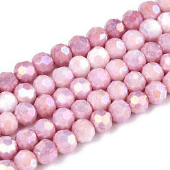 Фламинго Антикоррозийные гальванические стеклянные бусины, имитация драгоценных камней, круглые, с покрытием AB цвета, граненый(32 граненый), фламинго, 4~4.5x3.9 мм, отверстие : 0.8 мм, около 99~100 шт / нитка, 14.76~15.75'' (37.5~38 см)