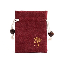 Dark Red Flower Print Linen Drawstring Gift Bags for Packaging Sachets, Rings, Earrings, Rectangle, Dark Red, 10x8cm