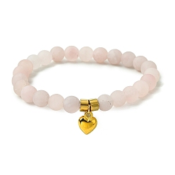 Розовый Кварц Браслеты из натуральных бусин розового кварца для женщин, с золотыми 304 бусинами из нержавеющей стали и подвесками, сердце, внутренний диаметр: 2-1/2 дюйм (6.3 см)