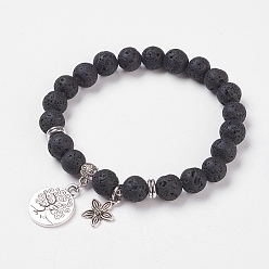 Lava Rock Natural Lava Rock Stretch Bracelets, with Alloy Pendants & Bead Spacers, Tree of Life and Flower, Burlap Packing, 2 inch(5cm)