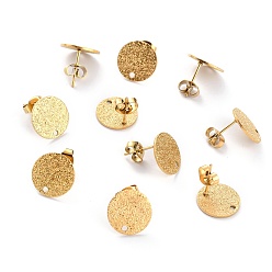 Golden Ion Plating(IP) 304 Stainless Steel Stud Earring Findings, with Ear Nuts, Textured Flat Round, Golden, 12x1mm, Hole: 1.4mm, Pin: 0.8mm