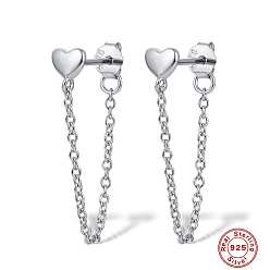 Platinum Rhodium Plated 925 Sterling Silver Heart Stud Earrings, Chains Front Back Stud Earrings, with 925 Stamp, Platinum, 24mm