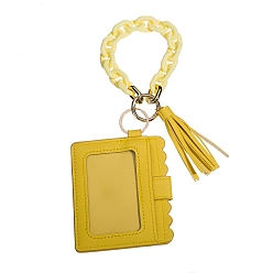 Gold PU Leather Photocard Holders, Hanging Card Protector Sleeve, Name Card Holder with Tassel & Acrylic Chain, Rectangle, Gold, 70x60mm
