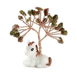 Унакит Натуральные кусочки унакита, украшения в виде древа жизни., Подставка для лошади из смолы с медной проволокой, подарок в стиле фэн-шуй для украшения рабочего стола дома или в офисе, 67~73x19.5~20x68~73 мм