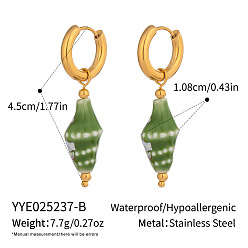 Зеленый Серьги-кольца в форме ракушки из нержавеющей стали, реальный 18 k позолоченный, зелёные, 45x10.8 мм