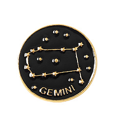 Gemini Black Constellations Word Enamel Pin, Gold Plated Alloy Flat Round Badge for Backpack Clothes, Gemini, 20mm