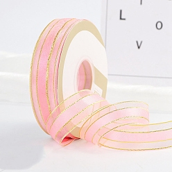 Pink Polyester Organza Ribbons with Gold Edge, Garment Accessories, Gift Wrapping Ribbon, Pink, 1 inch(25mm), about 49.21 Yards(45m)/Roll