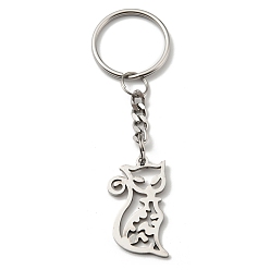 Stainless Steel Color 304 Stainless Steel Keychain, Cat, Stainless Steel Color, 8.4cm