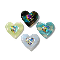 Mixed Color Cellulose Acetate(Resin) Cabochons with Crystal AB Rhinestone, Heart, Mixed Color, 25.5x27x6.5mm