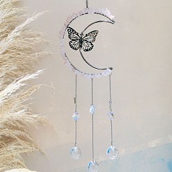 Rose Quartz Natural Rose Quartz Chip Wrapped Moon with Butterfly Hanging Ornaments, Glass Teardrop Tassel Suncatchers for Home Outdoor Decoration, 400mm