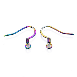 Rainbow Color Ion Plating(IP) 304 Stainless Steel French Earring Hooks, Flat Earring Hooks, Ear Wire, with Beads and Horizontal Loop, Rainbow Color, 14.5x17~18mm, Hole: 2mm, 22 Gauge, Pin: 0.6mm