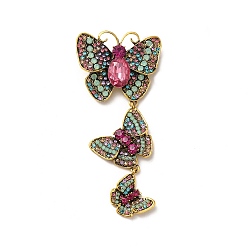 Colorful Creative Long Alloy Triple Butterfly Brooch, Rhinestone Retro Insect Brooch, for Ceremony Banquet Suit Accessory, Colorful, 110x52mm