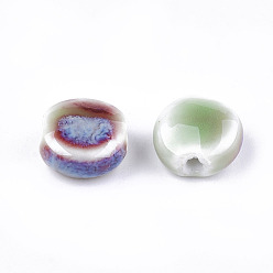 Medium Aquamarine Handmade Porcelain Beads, Fancy Antique Glazed Porcelain, Flat Round, Medium Aquamarine, 10~11x10.5~11x5~5.5mm, Hole: 1.5~2mm
