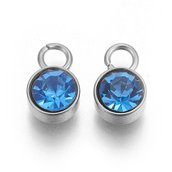Light Sapphire Glass Rhinestone Charms, Birthstone Charms, with Stainless Steel Color Tone 201 Stainless Steel Findings, Flat Round, Light Sapphire, 10x6x5mm, Hole: 2mm