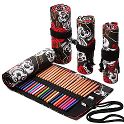 Skull Pattern Handmade Canvas Pencil Roll Wrap, 36 Holes Roll Up Pencil Case for Coloring Pencil Holder, Skull Pattern, 45~46x19~20x0.3cm
