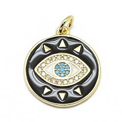 Black Brass Micro Pave Clear Cubic Zirconia Pendants, Real 18K Gold Plated, Long-Lasting Plated, with Enamel and Jump Rings, Flat Round with Eye, Black, 19x17x1mm, Hole: 3mm, Jump rings: 5x0.7mm.