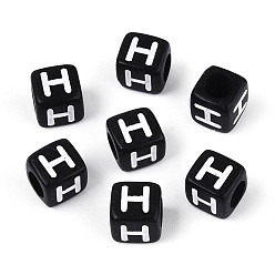 Letter H Начальные акриловые бусины с горизонтальной дырочкой, кубические, чёрные, Письмо ч, 6x6x6 мм, отверстие : 3.5 мм, 3330 шт / 500 г