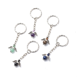 Mixed Stone Natural Gemstone Beaded Angel Charm Keychain, with Iron Findings, 7.1cm