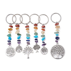 Mixed Stone 6Pcs Tibetan Style Alloy Tree of Life Keychains, with Chakra Gemstone Chips and Iron Split Key Rings, Mixed Shapes, 10.2cm