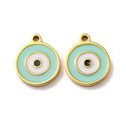 Aquamarine 304 Stainless Steel Charms, with Enamel, Evil Eye Charms, Real 14K Gold Plated, Aquamarine, 10x8x1mm, Hole: 1mm