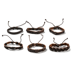 Coconut Brown 6Pcs 6 Style Adjustable Braided Imitation Leather Cord Bracelet Sets, Waxed Cord & Hemp Cords Stackable Bracelets for Men, Coconut Brown, Inner Diameter: 2~3-1/4 inch(5.2~8.2cm), 1Pc/style