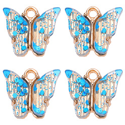 Deep Sky Blue Transparent Acrylic Charms, with Golden Tone Alloy Findings and Sequins, Butterfly Charm, Deep Sky Blue, 14x14mm