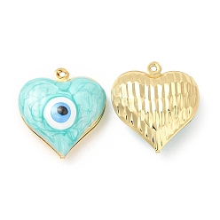 Turquoise Brass Enamel Pendants, Real 18K Gold Plated, Long-Lasting Plated, Heart with Evil Eye Pattern, Turquoise, 24x22x8mm, Hole: 1.2mm