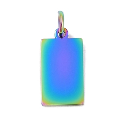 Rainbow Color Ионное покрытие (ip) 304 подвески из нержавеющей стали, с целью перехода в кольце, зеркальная полировка, прямоугольный шарм, штамповка пустой метки, Радуга цветов, 15x8x1 мм, отверстие : 3.5 мм