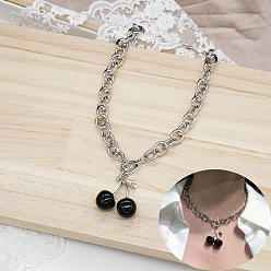 Black Cherry Cherry Pendant Chunky Chain Necklace - Vintage, Lock Collar, Gothic, Statement.