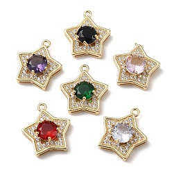Mixed Color Brass with K9 Glass & Rhinestone Pendants, Light Gold, Star Charms, Mixed Color, 21x19x6.5mm, Hole: 1.8mm
