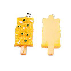 Gold Opaque Resin Pendants, Imitation Food, with Platinum Plated Iron Loop and Glitter Powder, Baked Dried Tofu, Gold, 33~33.5x14x6~7mm, Hole: 2mm