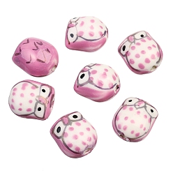 Pearl Pink Pearlized Handmade Porcelain Beads, Owl, Pearl Pink, 15x16mm, about 10pcs/bag