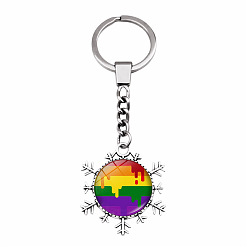 Rainbow Rainbow Theme Glass Cabochons Keychain, Alloy Snowflake Pendant Keychain, Rainbow Pattern, Cabochons: 2.5cm