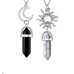 Howlite 2Pcs 2 Style Natural Black Agete & Howlite Bullet Pendant Necklaces Set, Alloy Sun & Moon Couple Necklaces, 17.72 inch(45cm), 1Pc/style