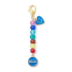 Dodger Blue Mother's Day Flat Round with Word Mom & Heart Alloy Enamel Pendant Decorations, Glass Beads and Lobster Claw Clasps Charm, Dodger Blue, 76mm