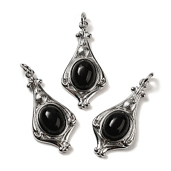 Black Onyx Natural Black Onyx(Dyed & Heated) Pendants, Teardrop Charms with Rack Plating Platinum Tone Brass Findings, Cadmium Free & Lead Free, 30x14.5x5.7mm, Hole: 2.7mm