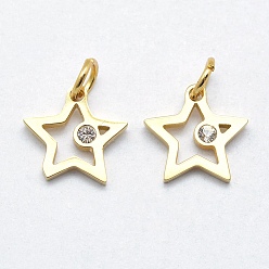 Real 18K Gold Plated 316 Surgical Stainless Steel Pendants, with Cubic Zirconia, Long-Lasting Plated, Star, Clear, Real 18K Gold Plated, 11x11.5x2mm, Hole: 3mm