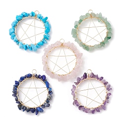 Mixed Stone Natural & Synthetic Mixed Gemstone Chip Copper Wire Wrapped Pendants, Pentacle Charms, Light Gold, 46~50x44.5~46x6~7mm, Hole: 4.5mm