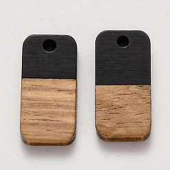 Black Resin & Walnut Wood Pendants, Waxed, Rectangle, Black, 20.5x10x3~4mm, Hole: 2mm