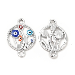 Platinum Alloy Enamel Connector Charms, Flat Round Links with Colorful Evil Eye Flower, Nickel, Platinum, 23.5x16.5x2mm, Hole: 2mm