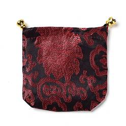 Brown Chinese Style Silk Brocade Jewelry Packing Pouches, Drawstring Gift Bags, Auspicious Cloud Pattern, Brown, 11x11cm
