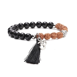 Black Mala Beads Bracelet, Natural Rudraksha & Natural Obsidian & Alloy Buddha Head Stretch Bracelet, Ohm/Aum & Tassel Charm Bracelet for Women, Black, Inner Diameter: 2-1/4 inch(5.7cm)